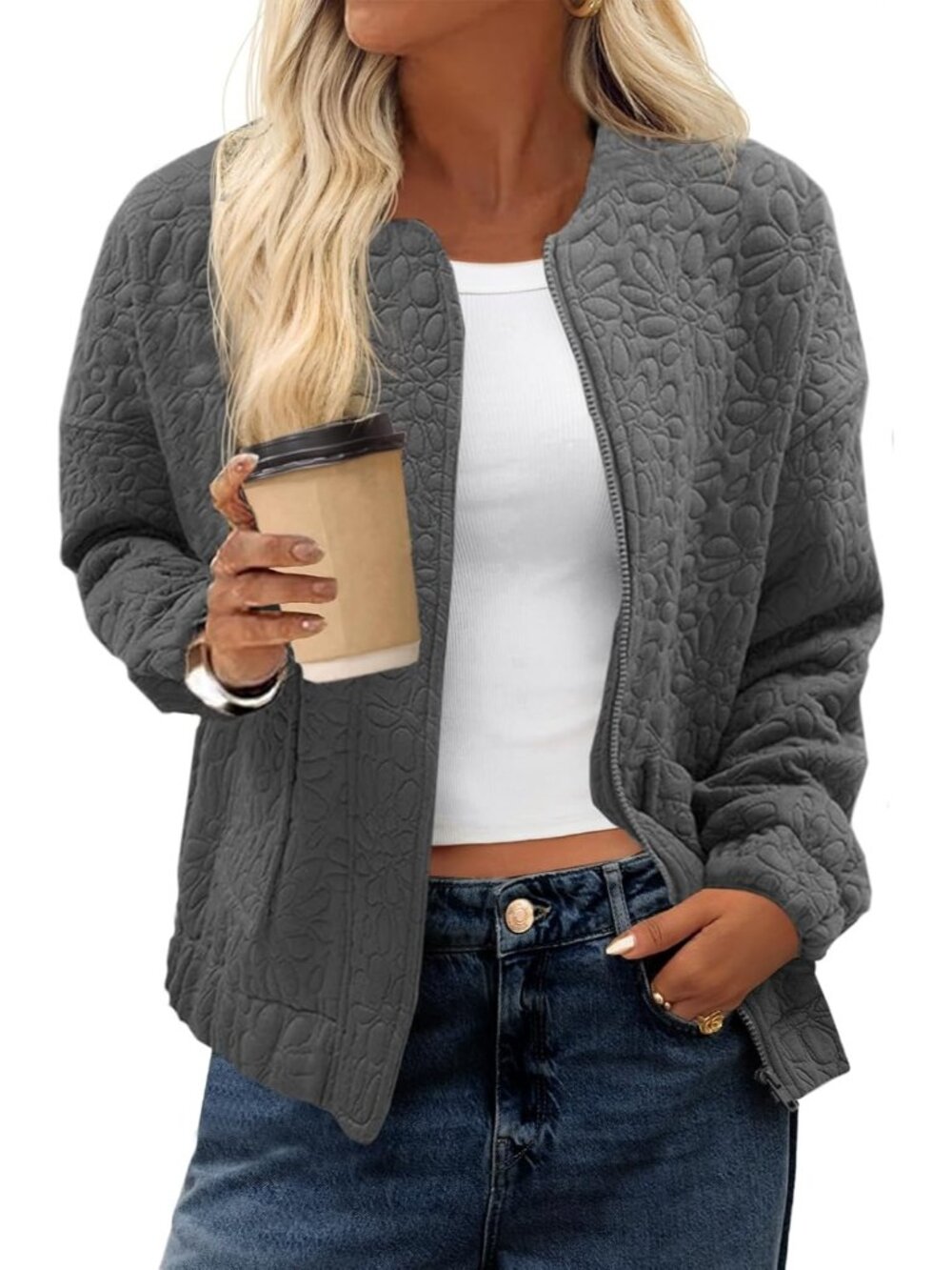 Women's Dark Grey Jacquard Bomber Jacket Zip Up Lightweight Casual Fall Coat